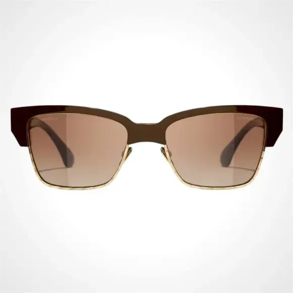 New CHANEL Sunglasses Brown Gold Cat Eye Square Metal Acetate Quilted Womens - Picture 2 of 5